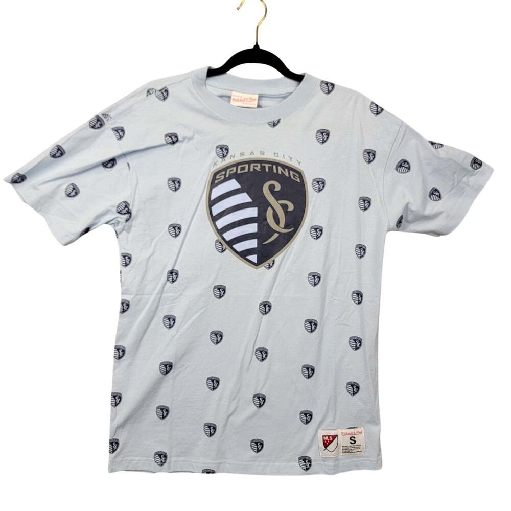 Mitchell & Ness Sporting Kansas City MLS Allover Logo Tee Small Light Blue NWT